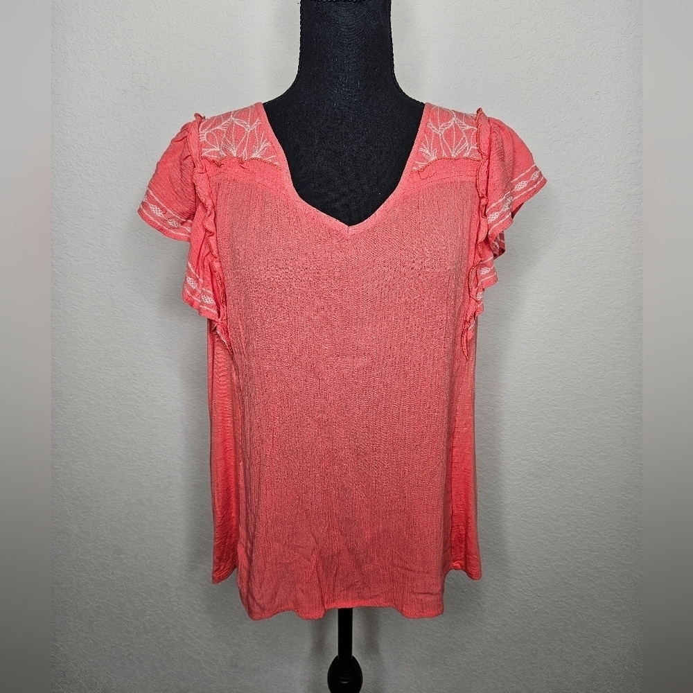 NWT Knox Rose Boho Embroidered Woven Mixed Media Coral Pink Ruffle Sleeve Blouse